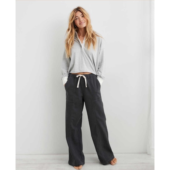 Aerie Women's Smoked Gray Me-Day Tie Waist Wide Leg Casual Pant - Picture 1 of 9
